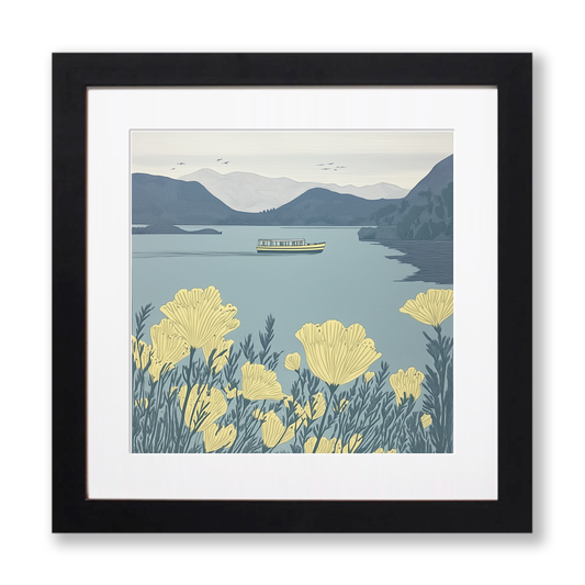 Keswick launch crossing Derwentwater Linoprint-Style Art (2470-1)