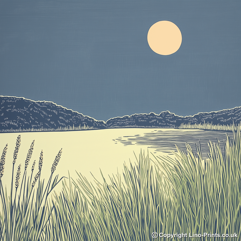 Sunset over a lake Linoprint-Style Art (2572-1)