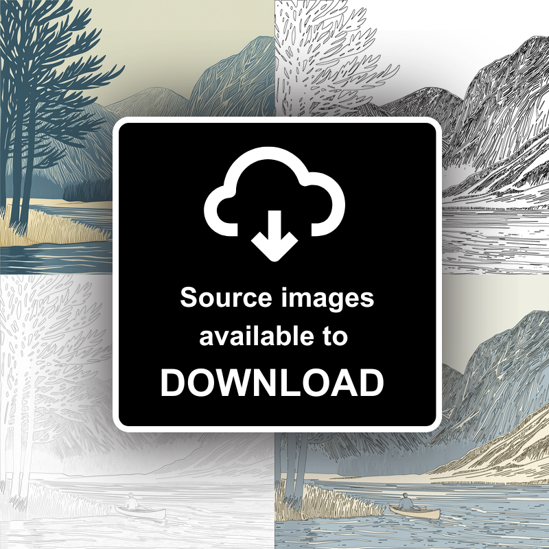 Kayaker near Buttermere pines Linoprint-Style Art (2467-3)