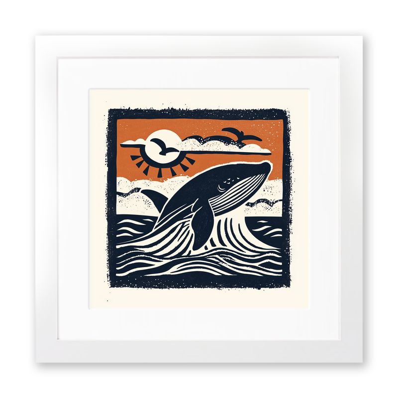Whale breaching the surface Linoprint-Style Art (116-2)