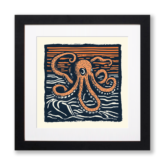 Octopus with swirling tentacles Linoprint-Style Art (103-1)