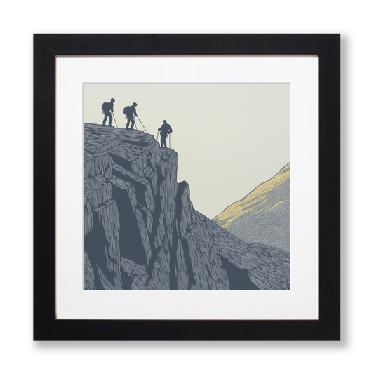 Climbers on a rock face silhouette Linoprint-Style Art (2387-1)