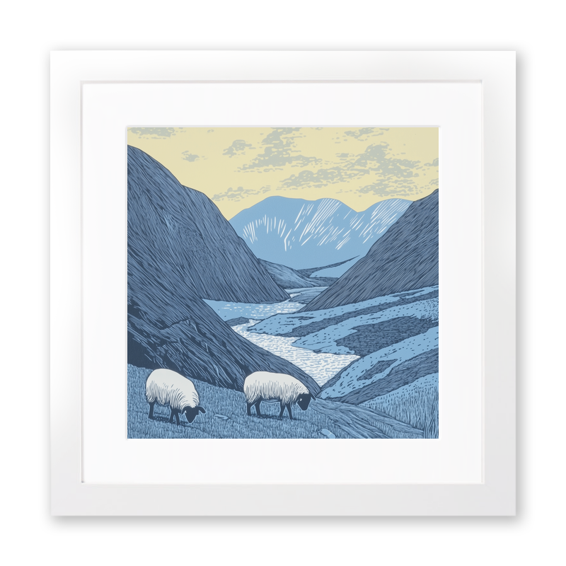 Sheep grazing below silhouetted crags Linoprint-Style Art (2541-2)