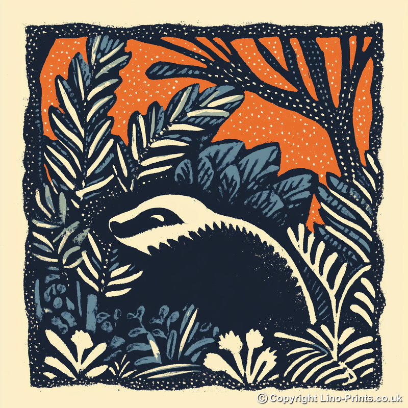 Cute Baby Badger Linoprint-Style Art (43-2)