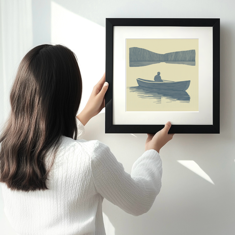 Person rowing boat with reflections Linoprint-Style Art (2498-5)