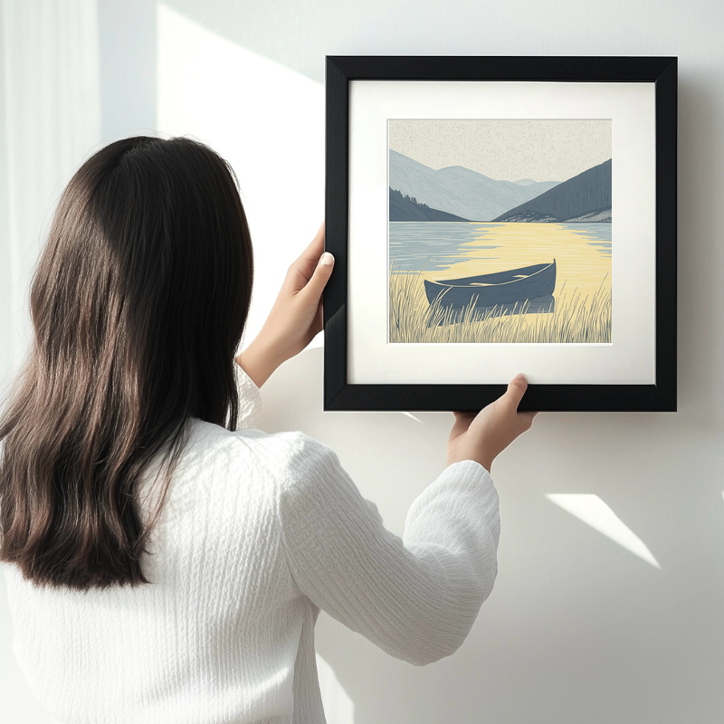 Rowing boat silhouette on calm lake Linoprint-Style Art (2523-1)