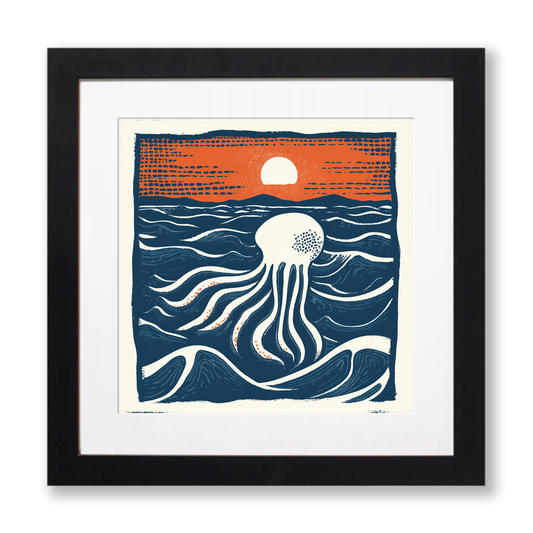 Jellyfish drifting in deep water Linoprint-Style Art (96-1)