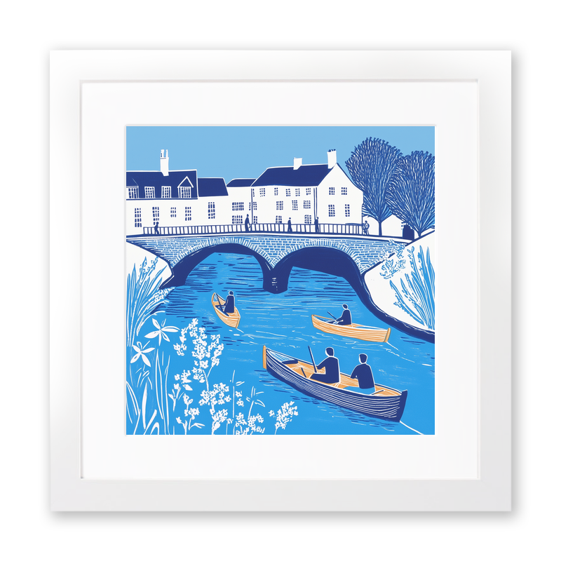 Cambridge punts and bridges Linoprint-Style Art (841-1)