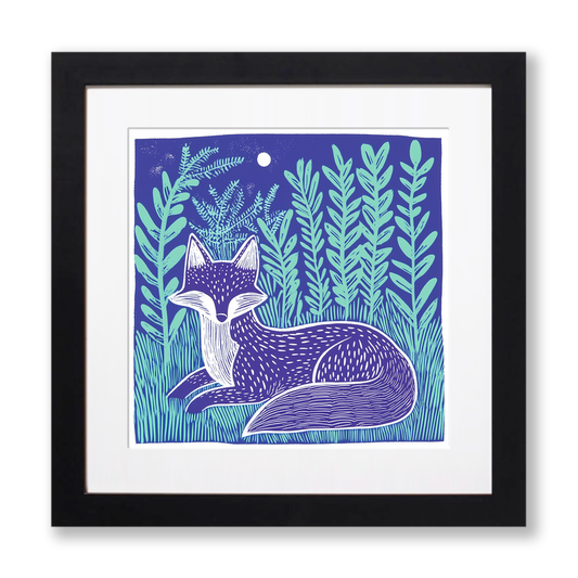 Ferns with resting fox Linoprint-Style Art (1004-1)