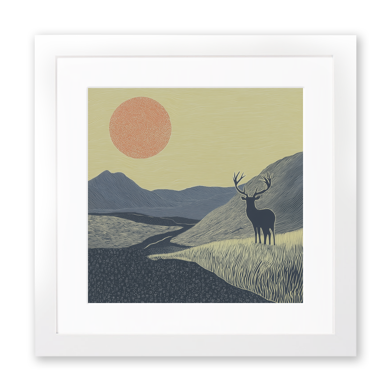 Stag silhouette on a ridge line Linoprint-Style Art (2559-3)