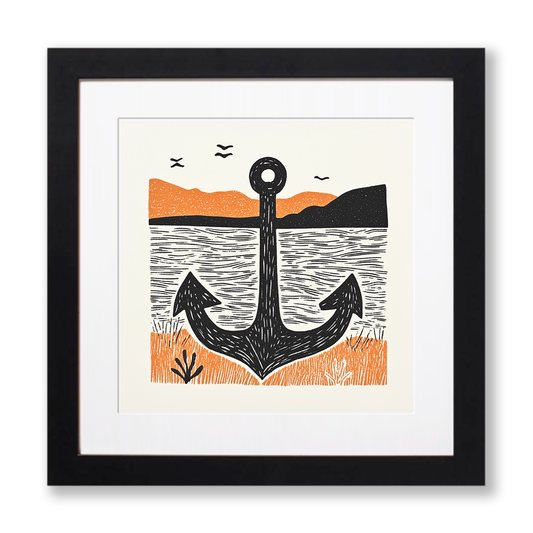 Rusty anchor buried in the shore Linoprint-Style Art (2123-1)