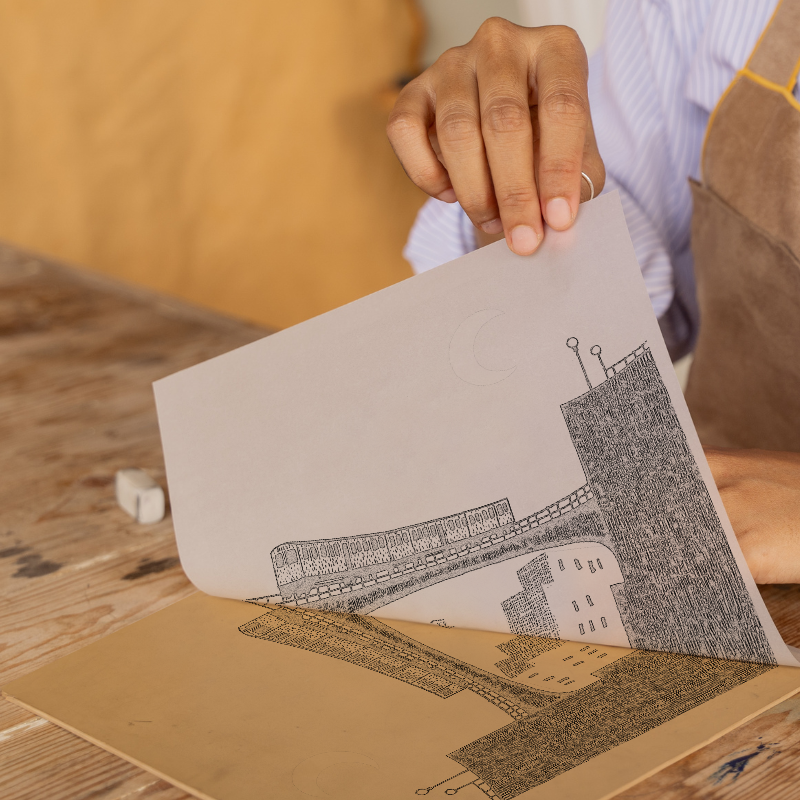 Chicago elevated train tracks Linoprint-Style Art (551-1)