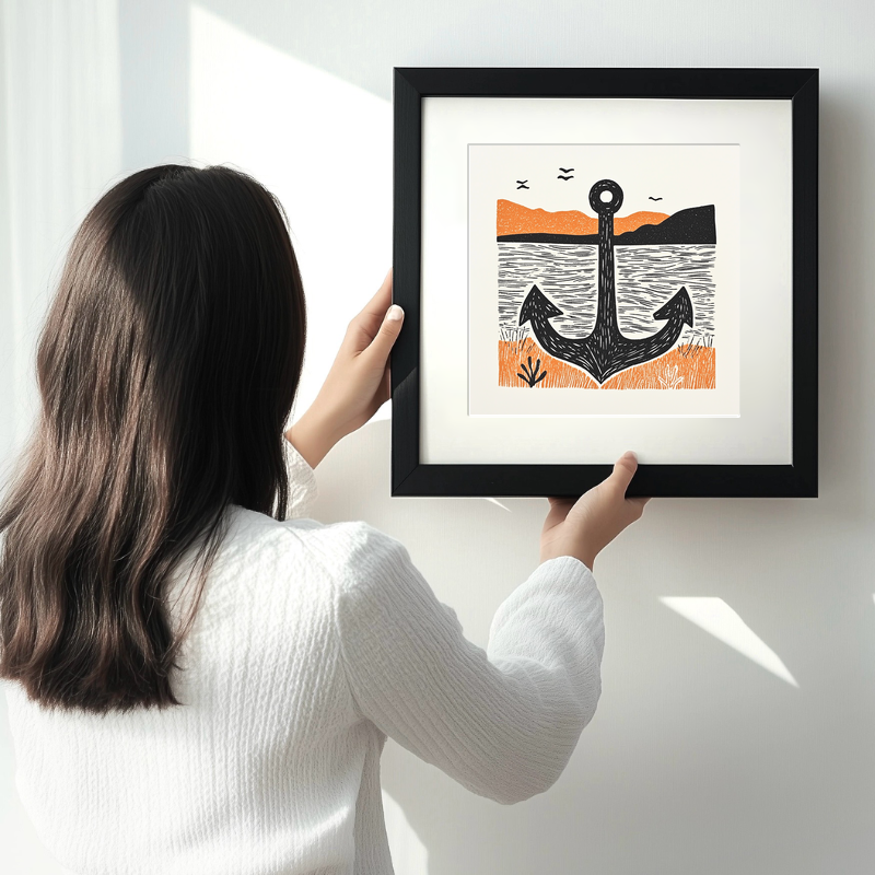 Rusty anchor buried in the shore Linoprint-Style Art (2123-1)