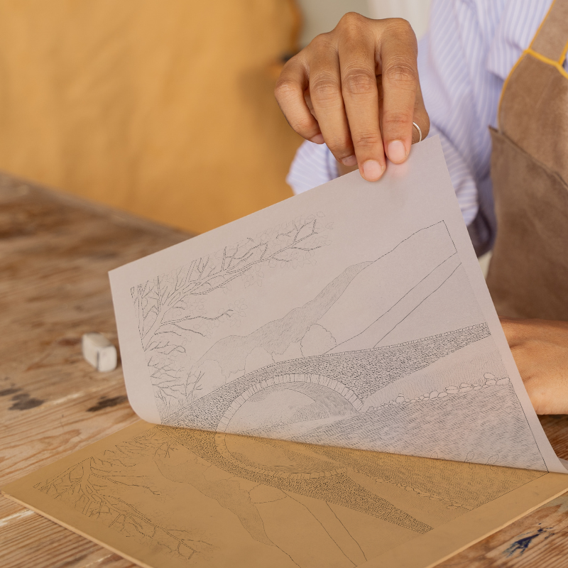 River Greta Keswick bridge Linoprint-Style Art (2519-1)