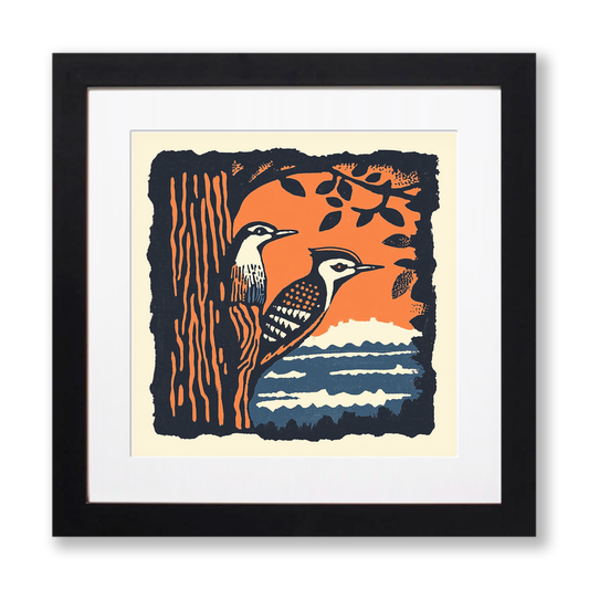 Woodpecker on tree trunk Linoprint-Style Art (118-1)
