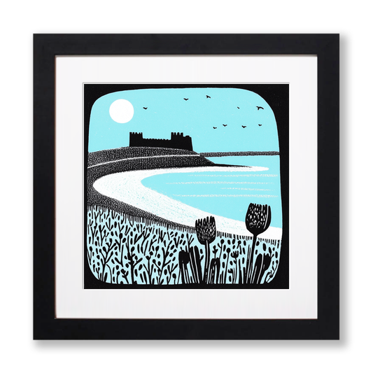 Bamburgh Beach and Castle, Northumberland Linoprint-Style Art (785-1)