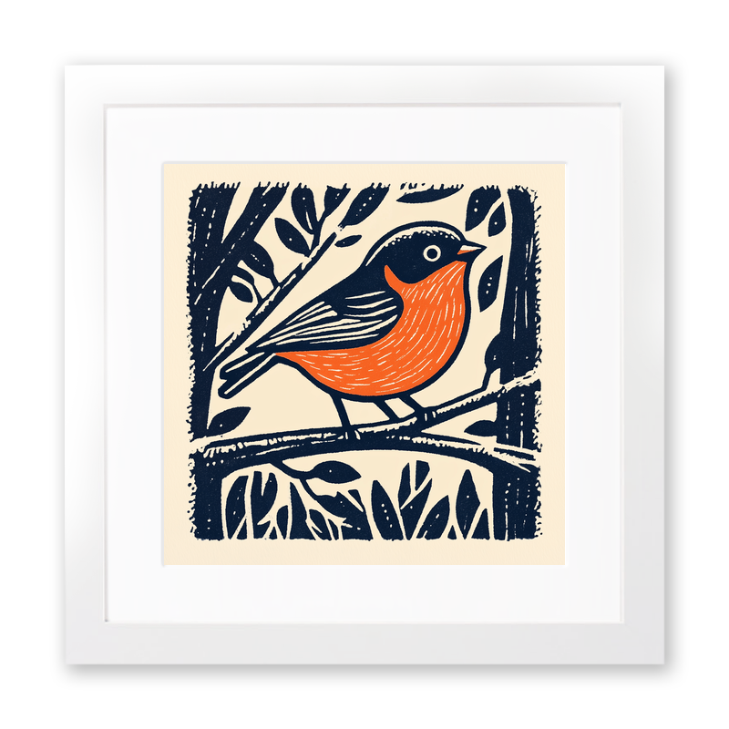 Robin on frosty branch Linoprint-Style Art (107-1)