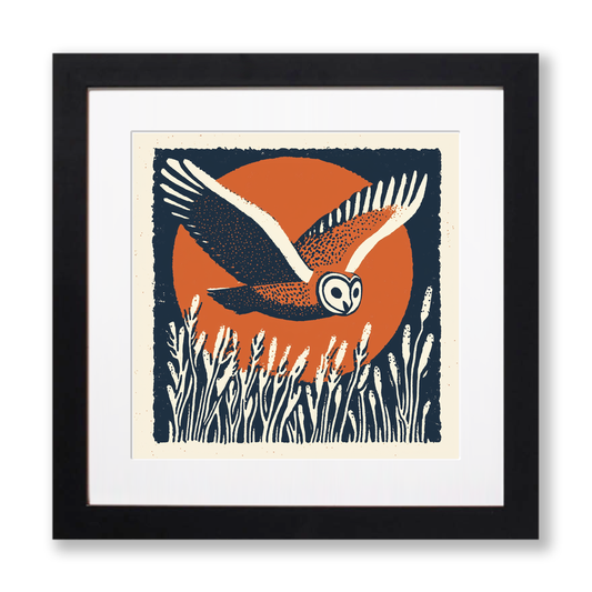 Barn owl in flight Linoprint-Style Art (84-1)