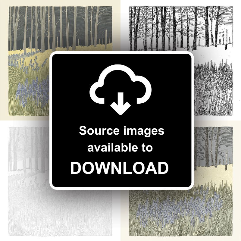 Bluebells in woodland Linoprint-Style Art (2366-2)