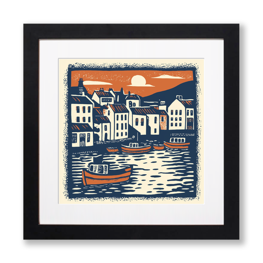 Brixham Harbour, Devon Linoprint-Style Art (127-1)