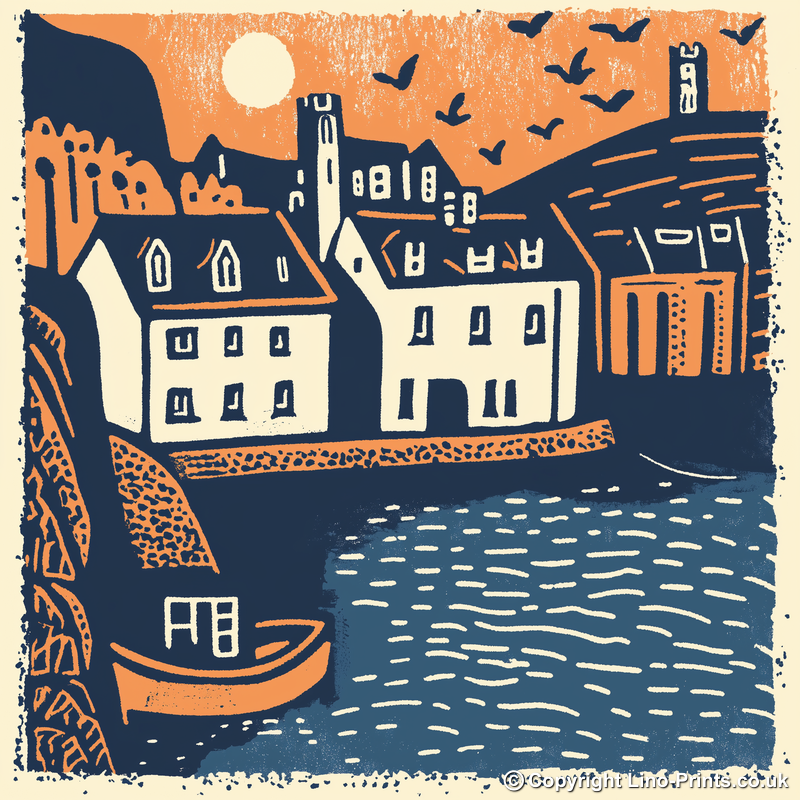 Tenby Harbour, Pembrokeshire Linoprint-Style Art (158-1)
