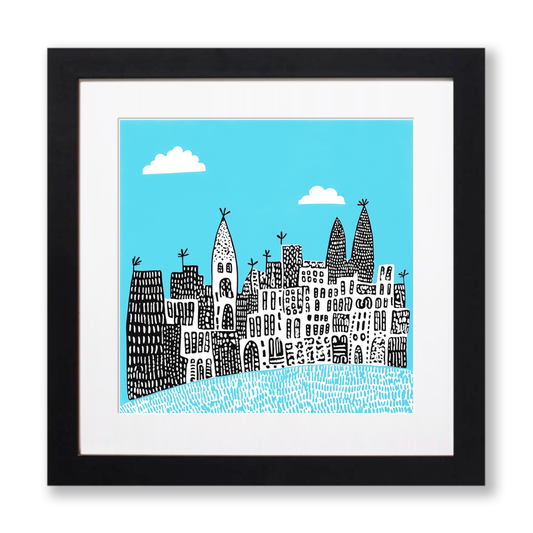 Barcelona skyline Linoprint-Style Art (547-1)