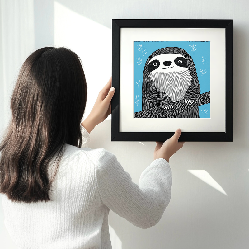 Cute Sloth Linoprint-Style Art (645-1)
