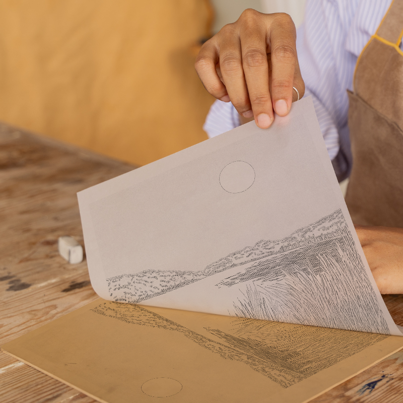 Sunset over a lake Linoprint-Style Art (2572-1)