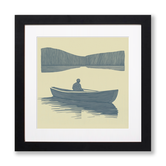 Person rowing boat with reflections Linoprint-Style Art (2498-5)