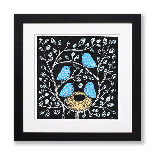 Brambles with birds nesting Linoprint-Style Art (709-2)