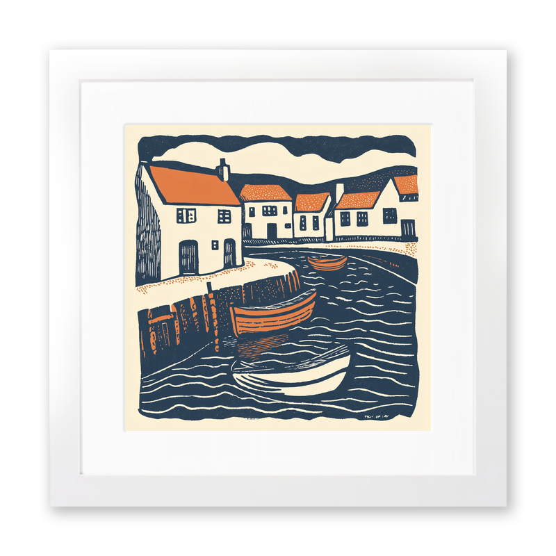 Broadland village with boat moorings Linoprint-Style Art (1964-1)