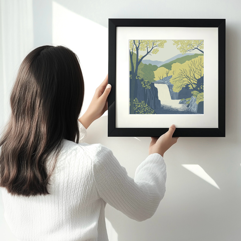 Aira Force waterfall in the Lake District Linoprint-Style Art (2355-1)