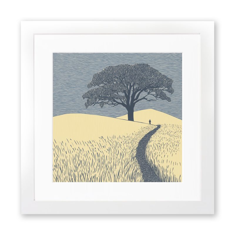 Wall silhouette leading towards a silhouetted tree Linoprint-Style Art (2593-2)