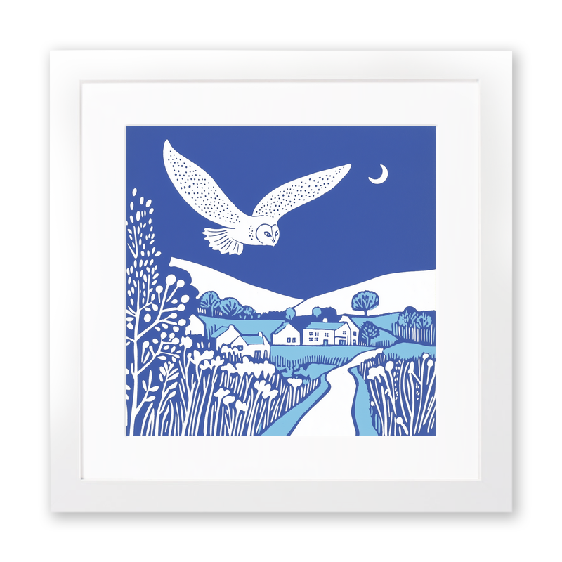 Norfolk barn owl in mid swoop Linoprint-Style Art (1808-1)
