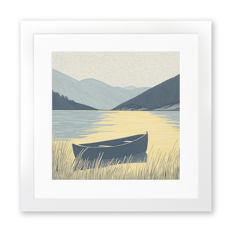 Rowing boat silhouette on calm lake Linoprint-Style Art (2523-1)