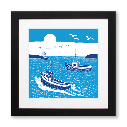 Fishing boats at sea Linoprint-Style Art (969-1)