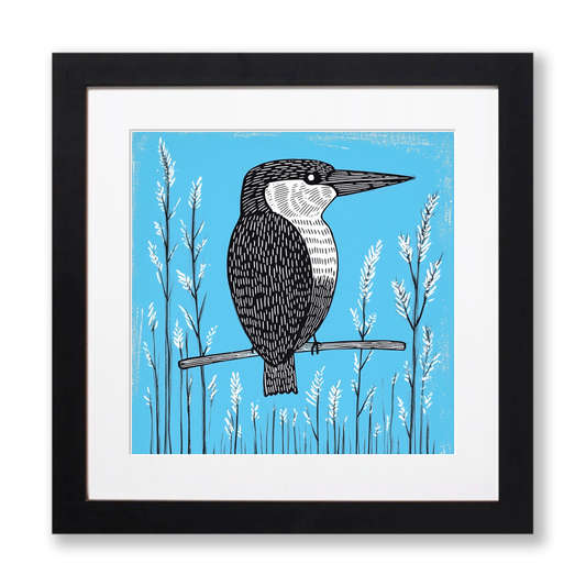 Kingfisher on a reed Linoprint-Style Art (720-1)