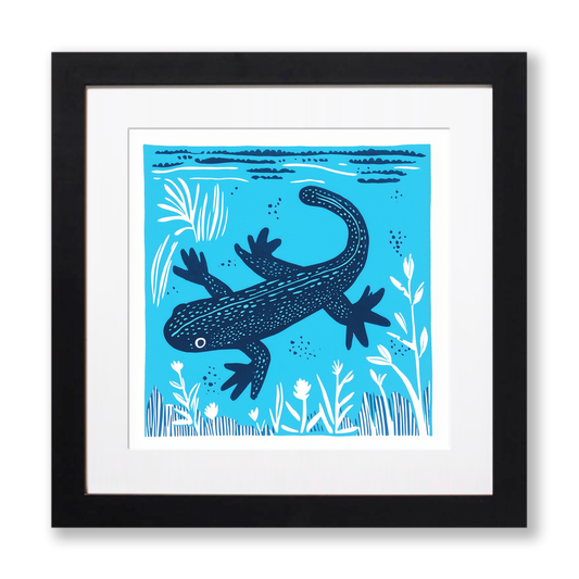 Newt in clear water Linoprint-Style Art (1015-1)