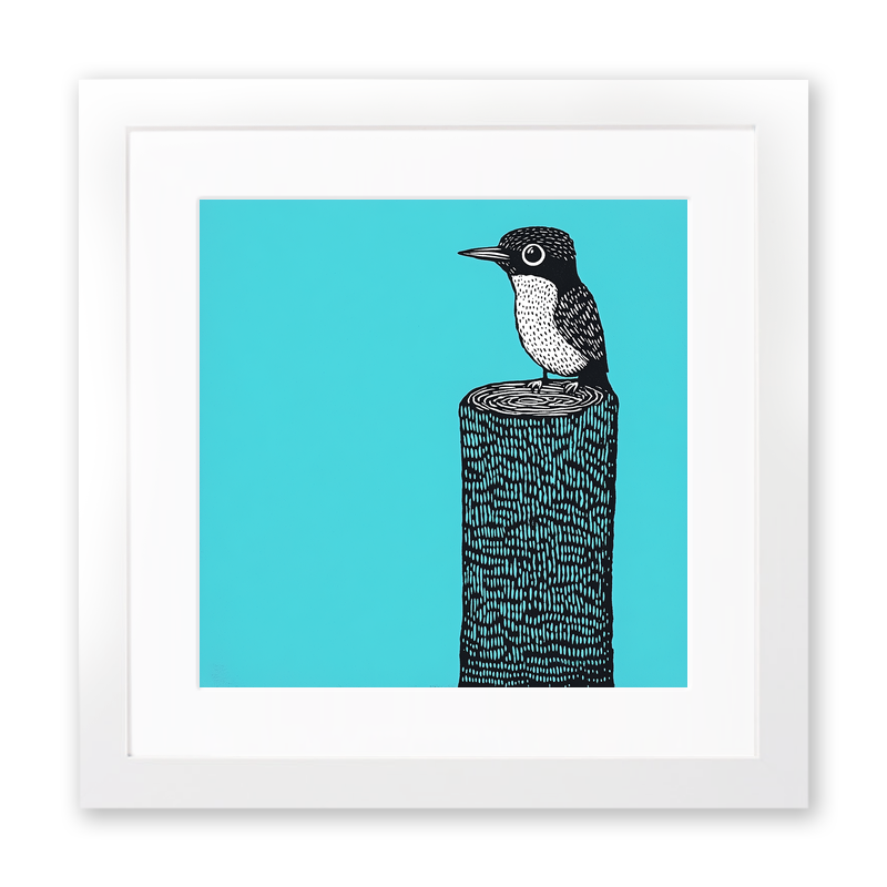 Woodpecker on tree trunk Linoprint-Style Art (741-1)