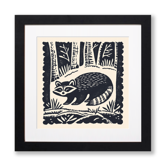 Cute Raccoon Kit Linoprint-Style Art (75-1)