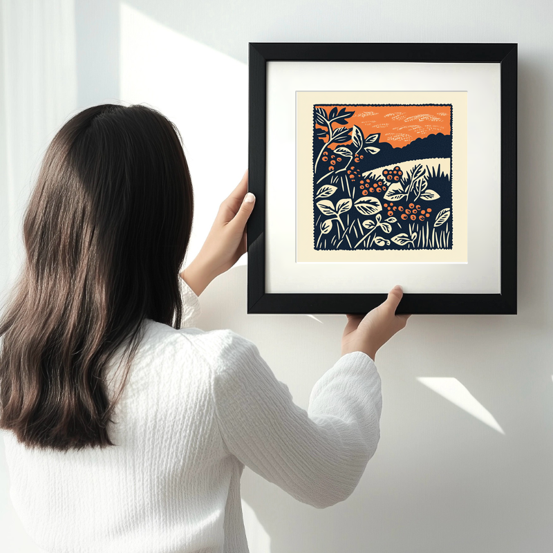 Brambles and blackberries by the hedge Linoprint-Style Art (1962-1)