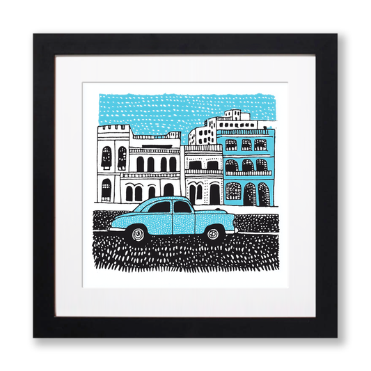 Havana crumbling colonial buildings Linoprint-Style Art (563-1)