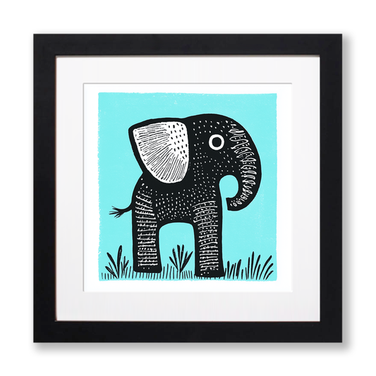 Cute Elephant Calf Linoprint-Style Art (619-2)