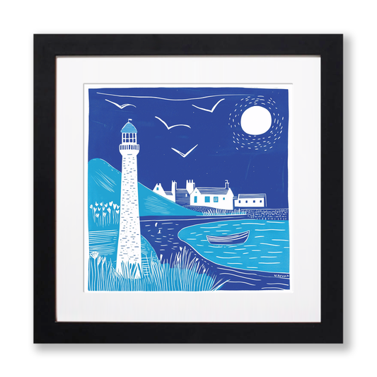 Lighthouse scene Linoprint-Style Art (972-1)