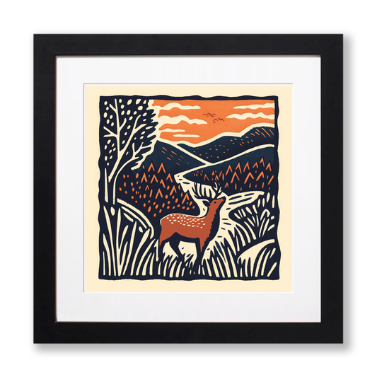 Red deer stag in mist Linoprint-Style Art (106-1)