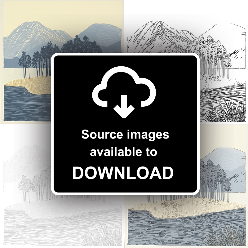 Pine trees silhouette on a lake island (e.g., Derwentwater) Linoprint-Style Art (2504-3)