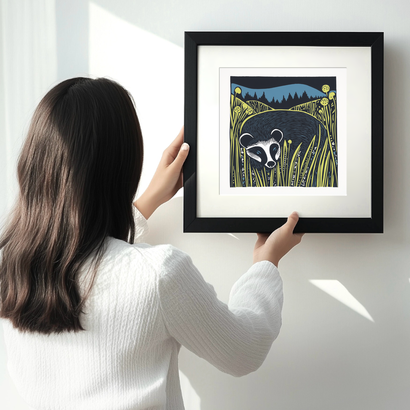 Cute Baby Badger Linoprint-Style Art (1190-1)