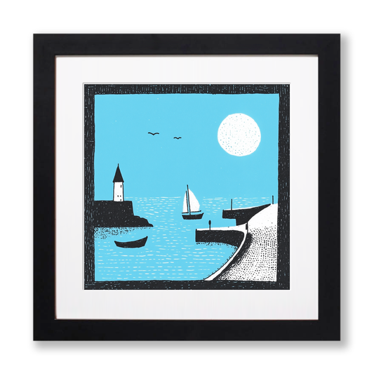 Mousehole Harbour Linoprint-Style Art (600-1)