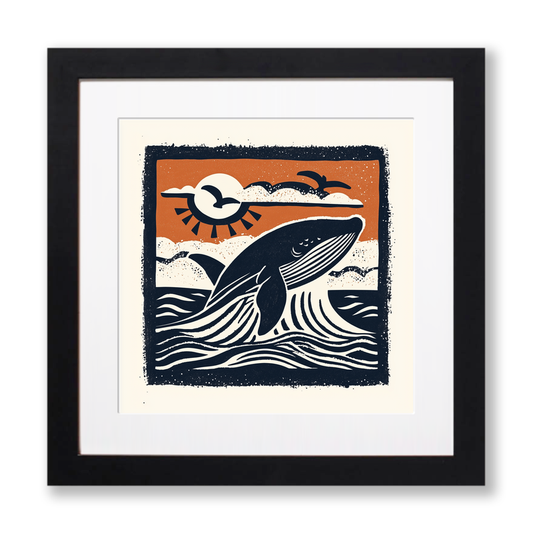 Whale breaching the surface Linoprint-Style Art (116-2)