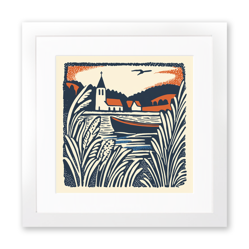 Distant church spire over the reeds Linoprint-Style Art (1980-1)